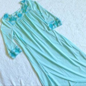 Vintage 60s 70s Aqua Blue Embroidered Boho Gossard Artemis Nightgown House Dress